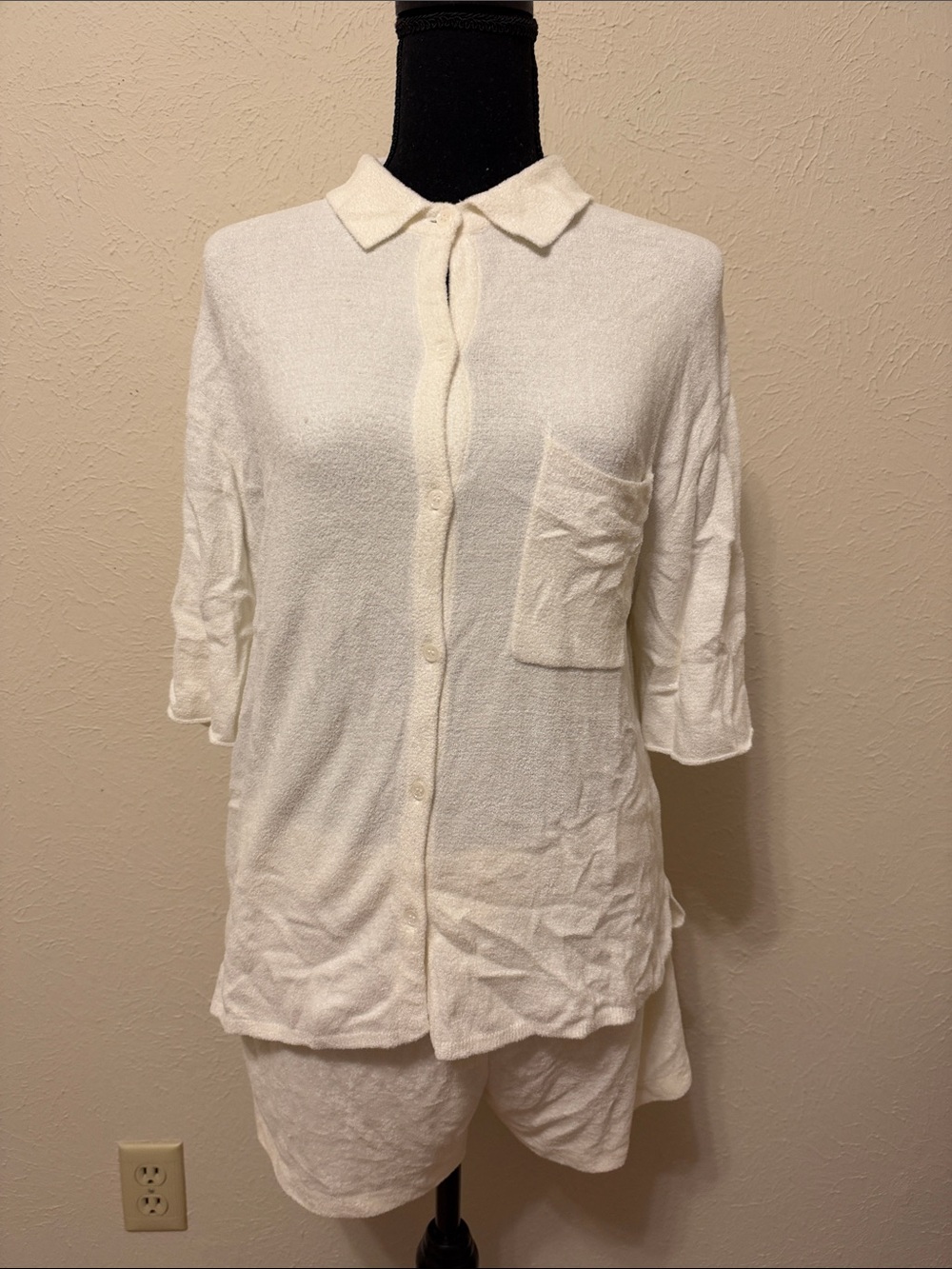 Women's Cream Button-Up Knit Sweater with Pocket and short set